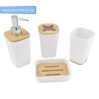 Набор в ванную настольный белый пластик с вставками из бамбука